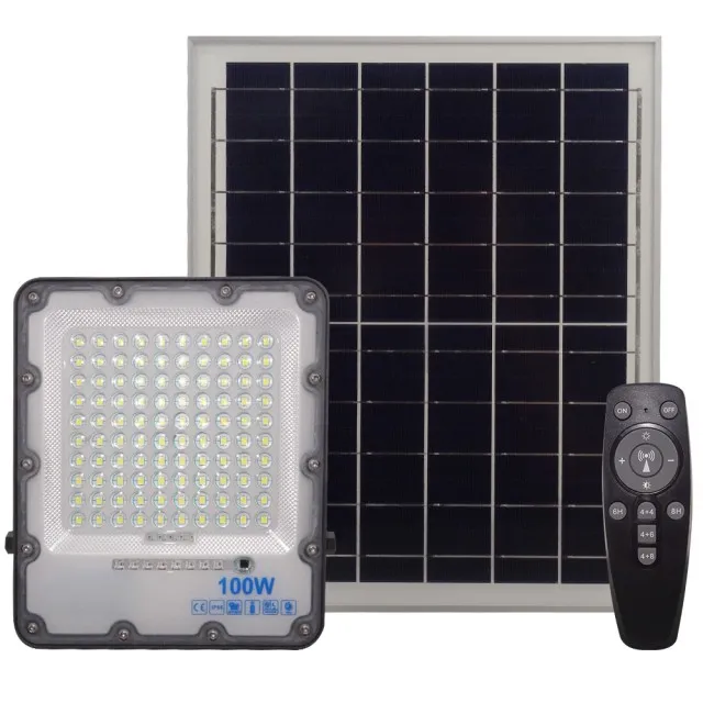 Proiector LED Solar 100W IP66 Alb Rece Cu Telecomanda - 1