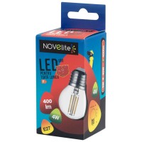Bec LED filament sferic 4W E27 2700K clar, Alb Cald - Novelite - vedere laterala