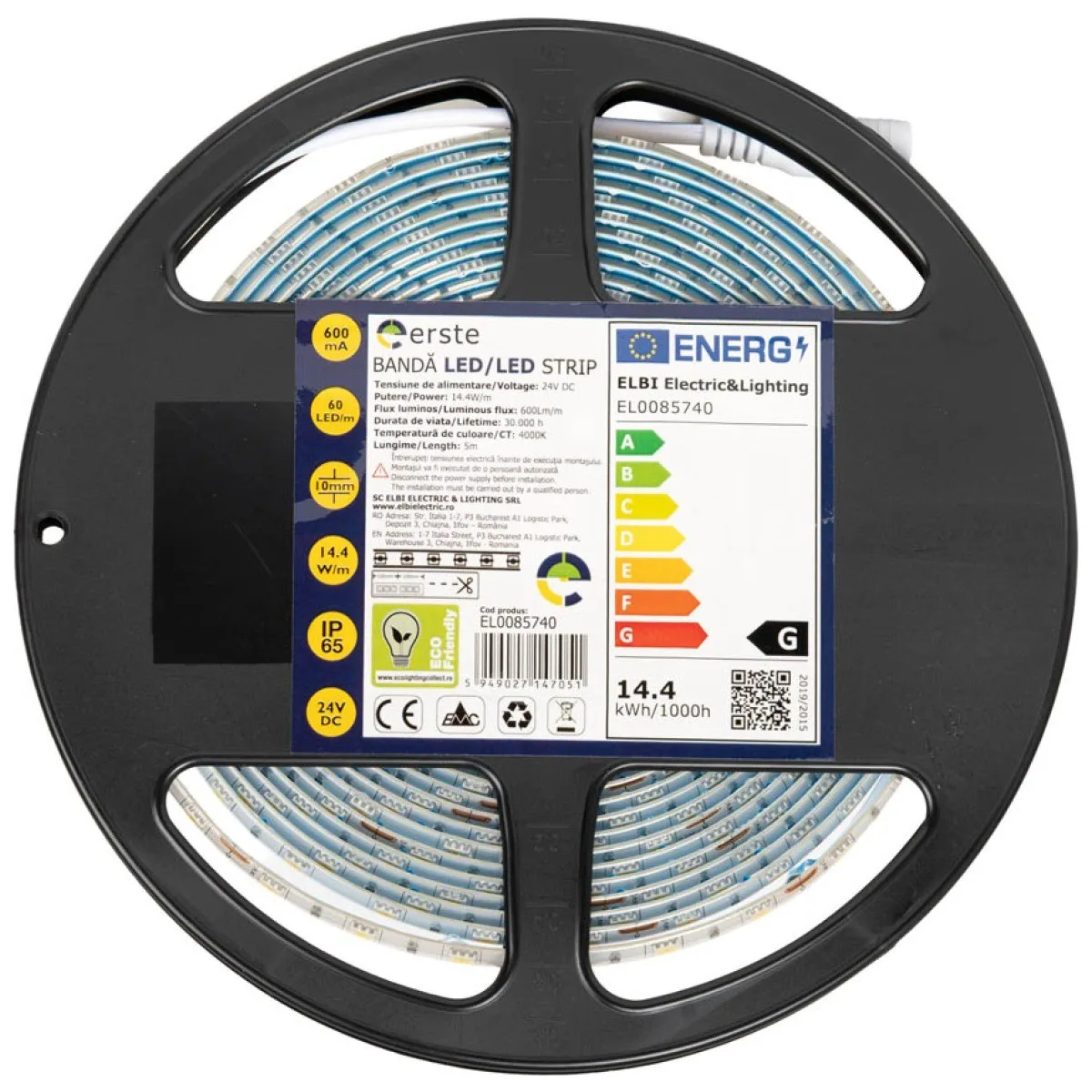 Banda LED 24V 60LED/m 14.4W/m 4000K IP65 5m Erste