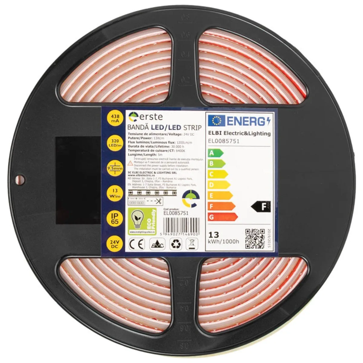 Banda LED COB 24V 13W/m 6400K IP65 alb rece, rola 5m Erste