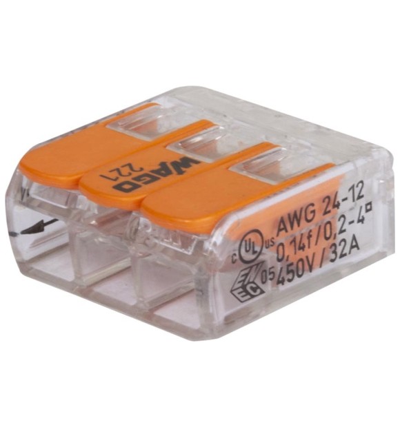Clema Legatura WAGO 3 Poli 0.2-4mm2 Transparenta 32A cu Parghii