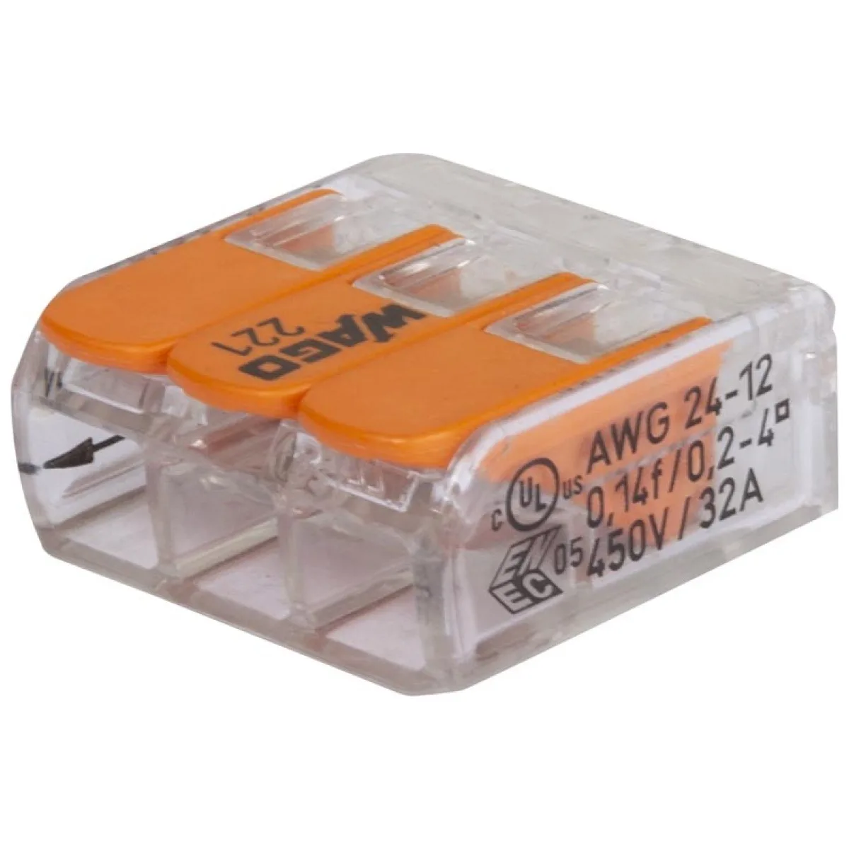 Clema Legatura WAGO 3 Poli 0.2-4mm2 Transparenta 32A cu Parghii