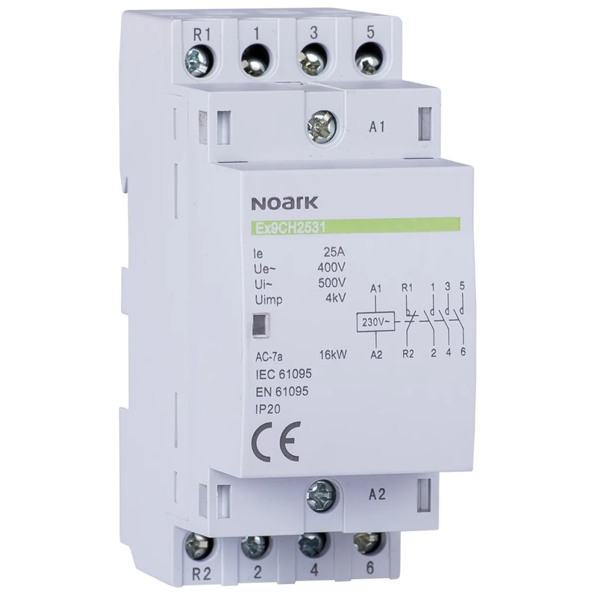 Contactor modular Noark Ex9CH25 25A 2P 2NO 230V, sina DIN