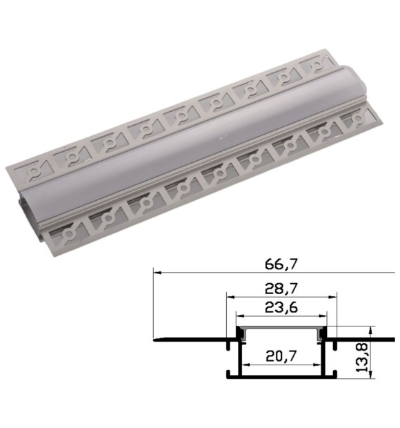 Profil aluminiu rigips pentru banda LED, 2m, mijloc 66.7x13.8mm IP20
