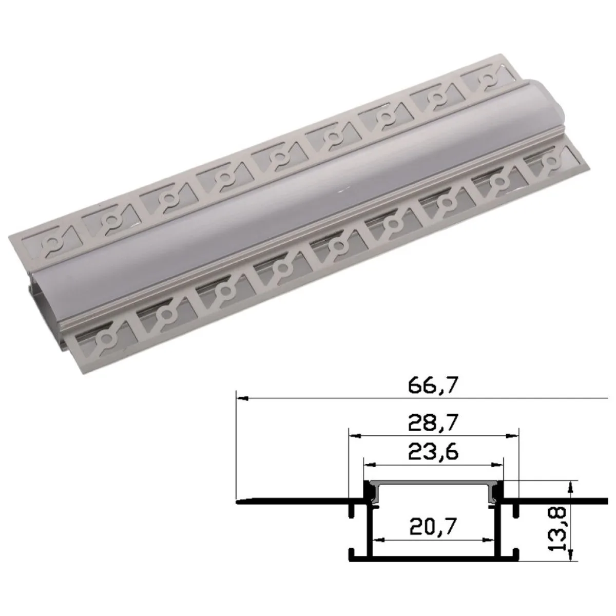 Profil aluminiu rigips pentru banda LED, 2m, mijloc 66.7x13.8mm IP20