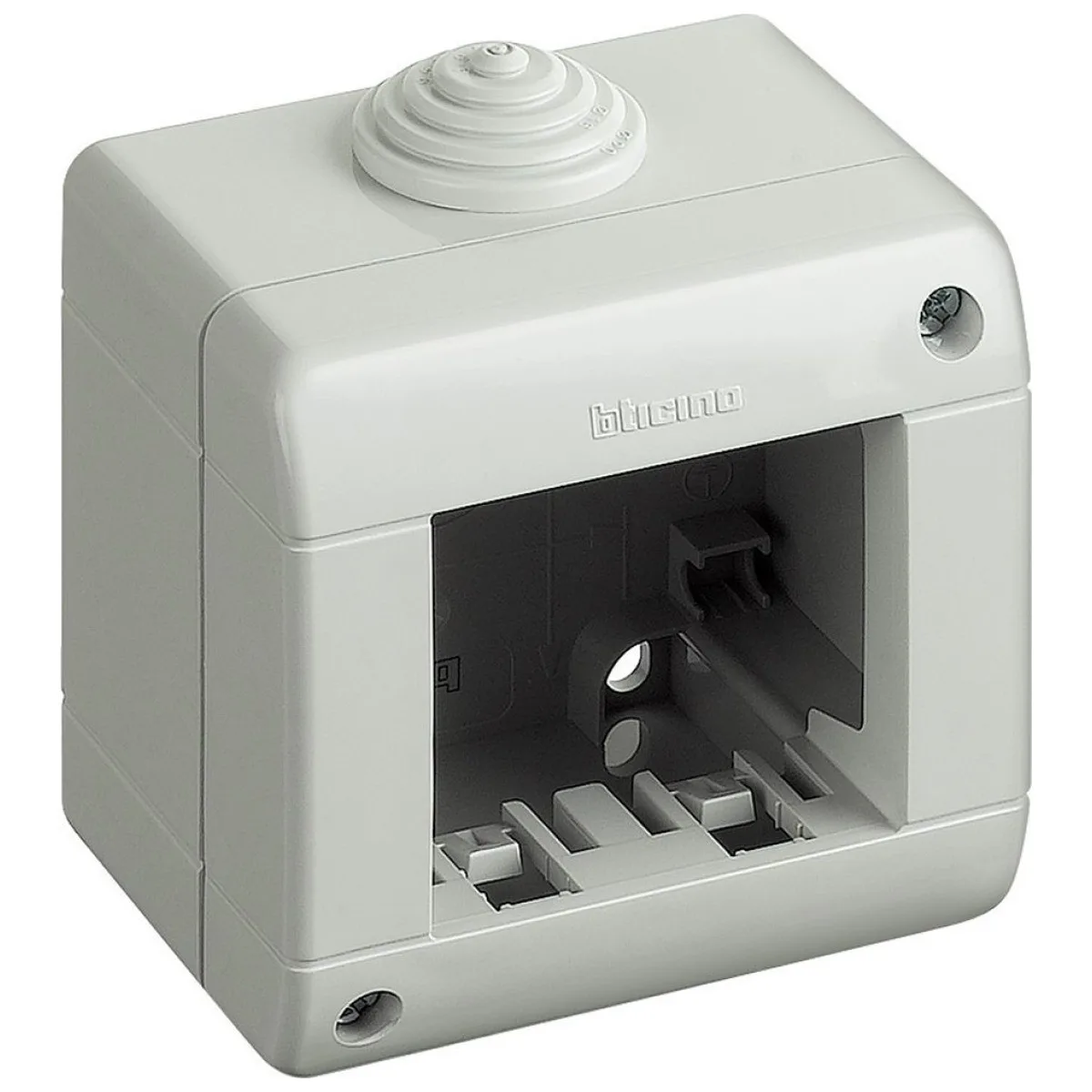 Doza aparataj 2 module Bticino 25402, montaj aplicat, plastic gri