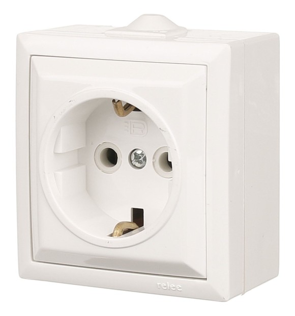 Priza Simpla Ceramica cu Contact de Protectie 16A, Montaj Aparent, Alb