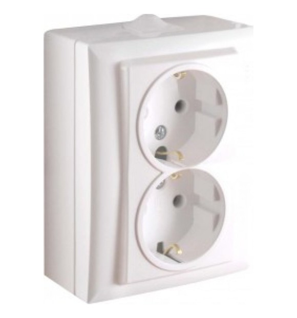 Priza Dubla Ceramica cu Contact Protectie, Montaj Aparent, Alb