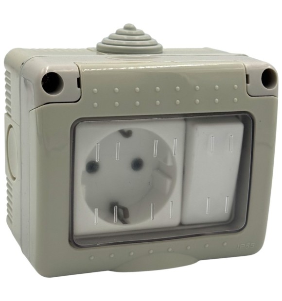 Intrerupator cu priza si capac IP55, montaj aparent, 250V 16A/10A