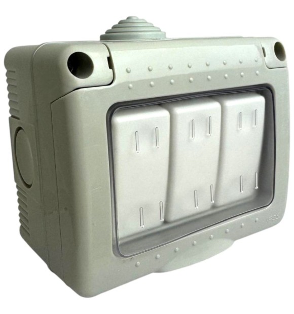 Intrerupator triplu aparent IP55 Antigron 250V 10A, plastic ignifug