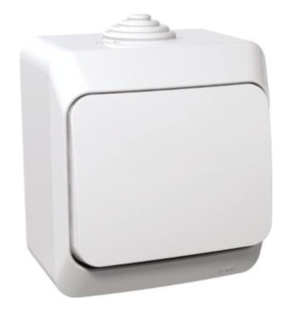 Intrerupator simplu aplicat IP44 alb 16A, montaj aparent, plastic ignifug