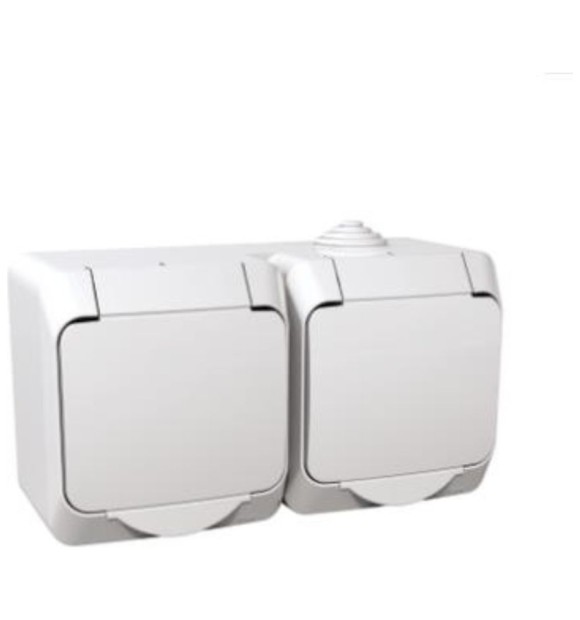 Priza dubla aplicata IP44 cu capac alb Cedar, 16A 250V cu impamantare