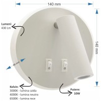 Aplica LED perete cu spot 10W 430lm, 3000K-4000K-6500K, patrata alba IP20 - imagine 5